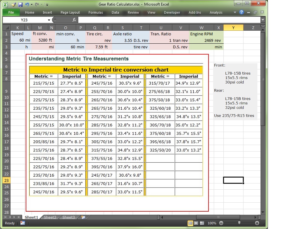 Microsoft Excel spreadsheet titled 'Gear Ratio Calculator' showing a metric to imperial tire conversion chart and tire size recommendations