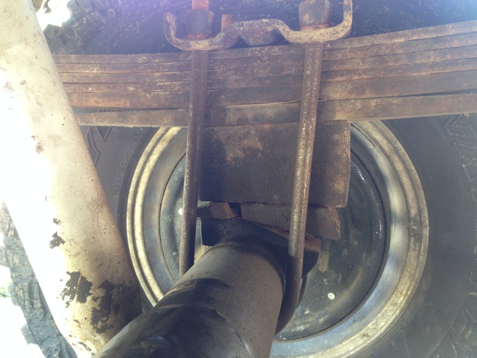 Rear axle leaf spring U-bolts on a vehicle