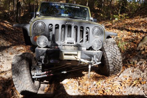 1979 Ford Bronco - A Jeep Wrangler navigates a wooded trail during autumn, its off-road capabilities evident.