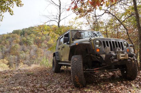 1979 Ford Bronco - Jeep Wrangler parked on a wooded trail during autumn, with colorful foliage in the background.