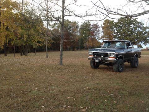 1979 Ford Bronco - A 1979 Ford Bronco sits in a field during autumn, its dark paint contrasting with the fallen leaves.