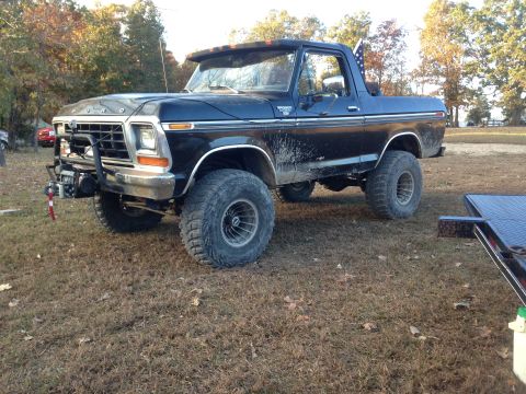 1979 Ford Bronco - A black 1979 Ford Bronco is parked on a grassy field with trees in the background. The vehicle has large off-road tires, a winch on the fro…