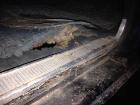 1979 Ford Bronco - A close-up view of significant rust and damage to the interior floor pan of a vehicle, revealing a hole through the metal.