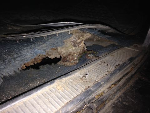 1979 Ford Bronco - Close-up view of severe rust and damage to the interior floor pan of a vehicle, with a dark background.