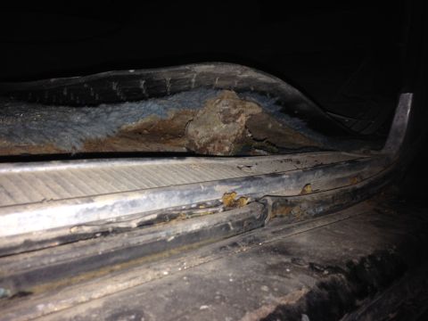 1979 Ford Bronco - Close-up view of rusted metal and blue carpet under a curved black body panel, possibly part of a vehicle's interior or undercarriage.