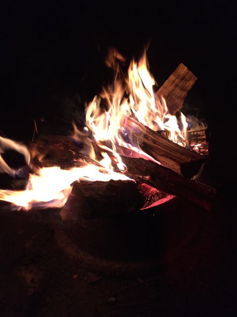 1979 Ford Bronco - A campfire burns brightly at night, with flames illuminating the logs and smoke rising into the darkness.