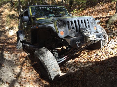 1979 Ford Bronco - A modified green Jeep Wrangler is parked on a dirt trail covered in fallen leaves, with a winch mounted on the front bumper.