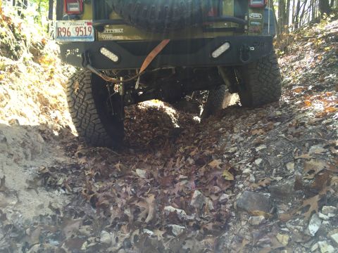 1979 Ford Bronco - The rear of a lifted Jeep Wrangler is shown on a dirt trail covered in fallen leaves. The vehicle has an aftermarket bumper with LED lights…