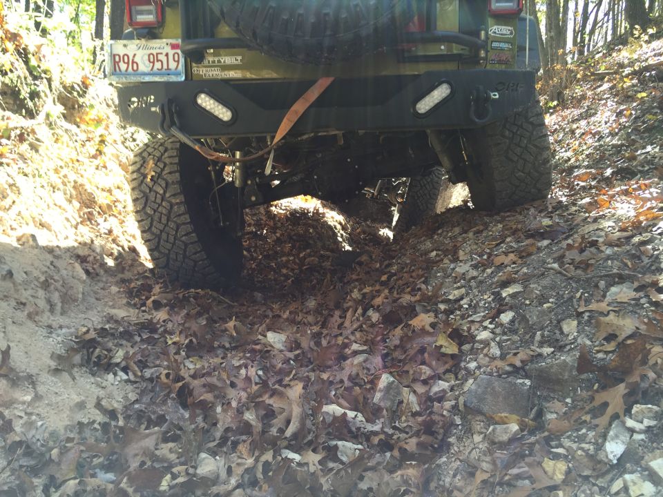 Rear view of a lifted Jeep Wrangler on a leaf-covered trail.