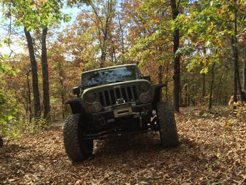1979 Ford Bronco - A tan Jeep Wrangler is parked on a leaf-covered forest trail during autumn. The vehicle is equipped with a winch on the front bumper and la…