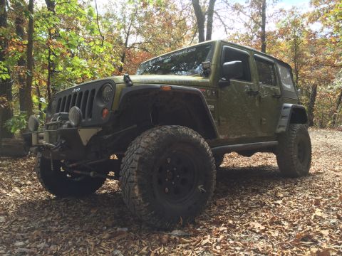 1979 Ford Bronco - A green Jeep Wrangler is parked on a leaf-covered forest trail, showcasing its off-road tires and front bumper with a winch.