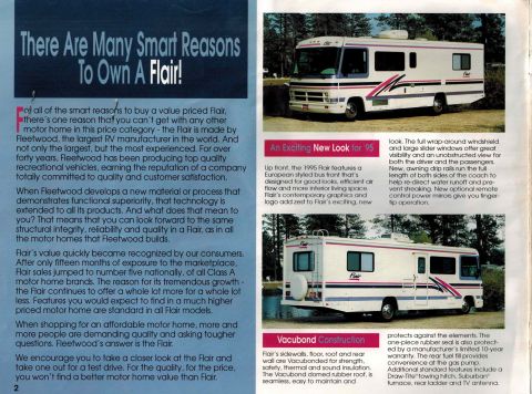 1995 Chevrolet P30 1 Ton - Step Van - The rear three-quarter view of a white 1995 Fleetwood Flair motorhome is shown parked outdoors. Text on the left describes reasons to own a…