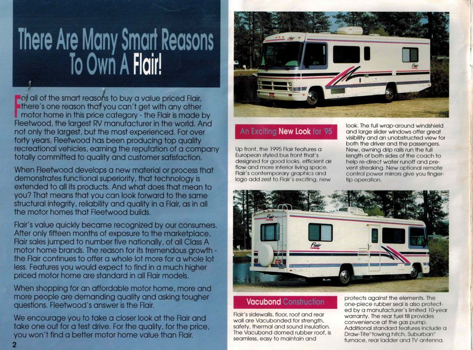 1995 Fleetwood Flair motorhome, rear three-quarter view, parked outdoors.