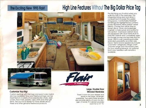 1995 Chevrolet P30 1 Ton - Step Van - Interior view of a 1995 Fleetwood Flair motorhome showing the living area, kitchen, and driver's cabin. The image highlights features like…