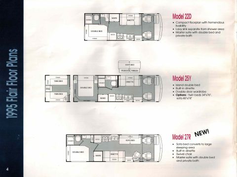 1995 Chevrolet P30 1 Ton - Step Van - This document displays floor plans for three different RV models: 22D, 25Y, and 27R. Each floor plan includes details on bed configurations…