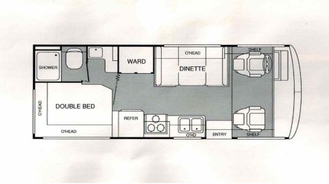 1995 Chevrolet P30 1 Ton - Step Van - This is a floor plan diagram of an RV interior, showing the layout of a double bed, shower, wardrobe, dinette, kitchen area, and driver/pas…