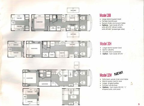 1995 Chevrolet P30 1 Ton - Step Van - This is a floor plan diagram for three different RV models: Model 28B, Model 30H, and Model 32W. Each model shows a different layout with b…