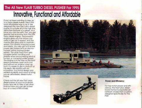 1995 Chevrolet P30 1 Ton - Step Van - A 1995 Flair Turbo Diesel Pusher motorhome is parked by a lake with a forest in the background. The text describes its innovative, function…