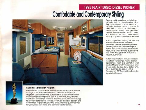 1995 Chevrolet P30 1 Ton - Step Van - Interior view of a 1995 Fleetwood Flair Turbo Diesel Pusher motorhome, showcasing the living area with a sofa, dining table, and kitchen am…