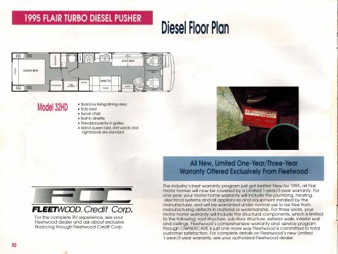1995 Chevrolet P30 1 Ton - Step Van - This is a floor plan document for a 1995 Flair Turbo Diesel Pusher, Model 32HD, showing the interior layout of the RV. It includes a diagra…