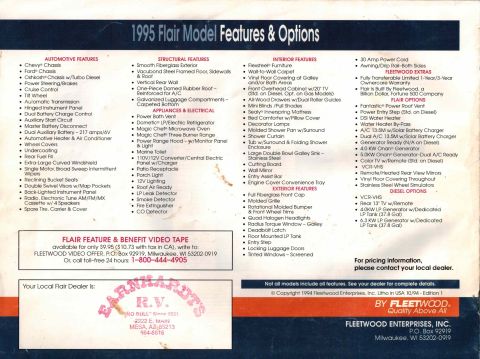 1995 Chevrolet P30 1 Ton - Step Van - This is a document featuring the 1995 Flair Model Features & Options for Fleetwood motorhomes. It lists various automotive, structural, int…