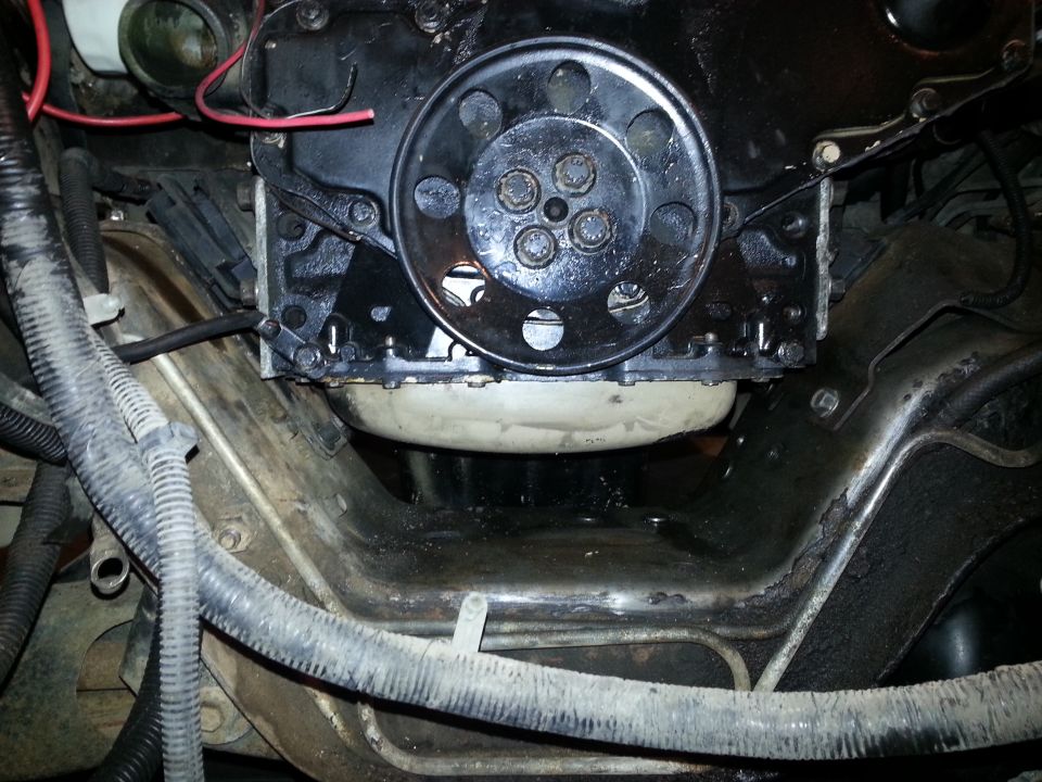 1994 Ford Bronco engine bay, lower block, frame, hoses, wiring