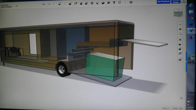 3D rendering of a custom trailer with slide-out and steps