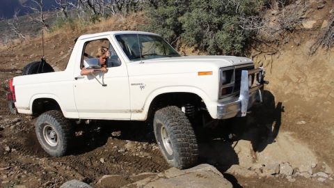 1981 Ford Bronco - A white, lifted 1981 Ford Bronco is navigating a rocky, off-road trail. The driver, a young person with blonde hair, is visible through the…