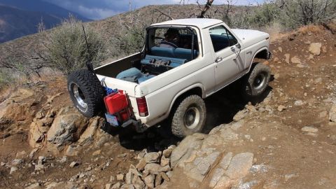 1981 Ford Bronco - A white Ford Bronco is navigating a rocky, off-road trail, with its rear tire mounted spare and a red jerry can visible on the back.