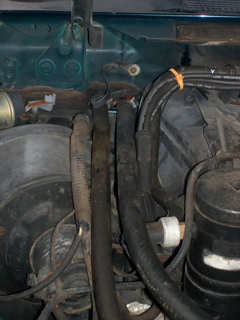 Engine bay with hoses, wiring, and green firewall.