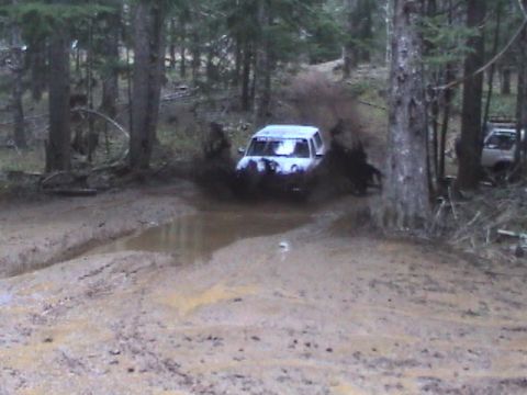 1994 Ford Explorer - A white SUV navigates a muddy trail, kicking up water and dirt as it goes.