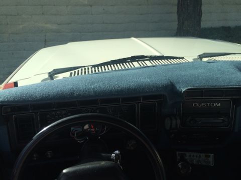 1981 Ford Bronco - Interior view of a vintage vehicle, likely a 1981 Ford Bronco, showing the dashboard, steering wheel, and a "CUSTOM" labeled radio. The das…