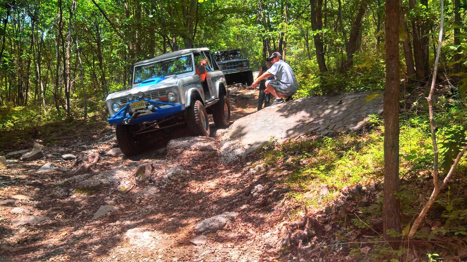 Silver 1979 Ford Bronco with blue grille guard on a rocky, wooded trail.