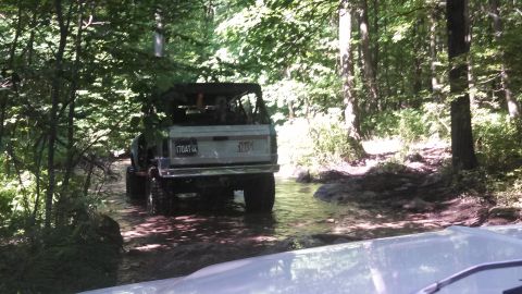 1979 Ford Bronco - The rear of a light-colored Ford Bronco drives through a shallow stream in a wooded area. The vehicle has a license plate that reads "110AT…