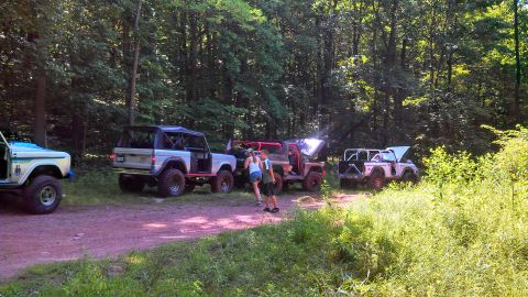 1979 Ford Bronco - Four Ford Broncos are parked on a dirt road in a wooded area. Two people are standing between the first two Broncos.