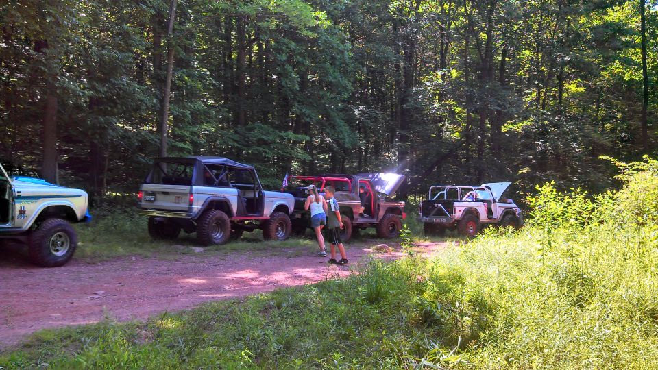 Four Ford Broncos parked on a dirt road in a forest. Two people are standing between the first two Broncos.