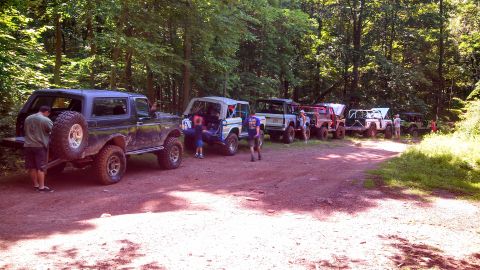 1979 Ford Bronco - A line of off-road vehicles, including several Ford Broncos, are parked on a dirt path in a wooded area. The vehicles appear to be modified…