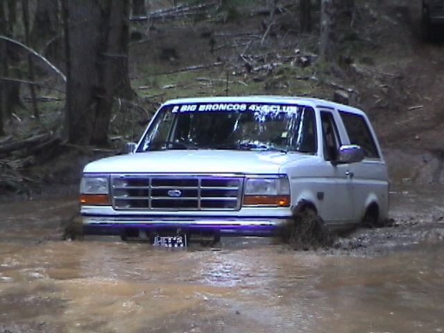 White Ford SUV crossing muddy water on a wooded trail with 4x4 club windshield banner
