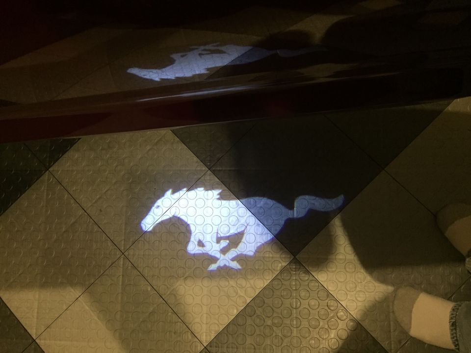Running horse logo projected onto a tiled floor.