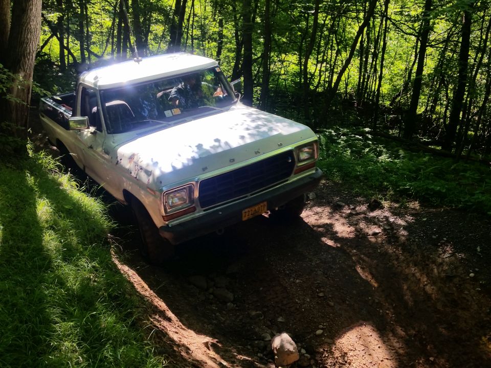 White 1970s Ford pickup truck on a forest dirt path.