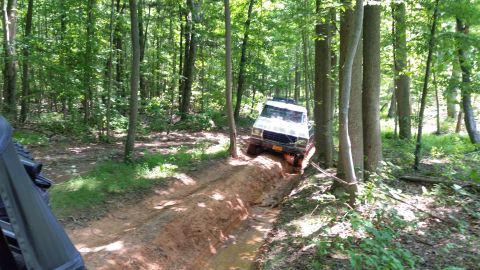 1979 Ford Bronco - A white Ford Bronco is navigating a muddy, rutted trail through a dense forest. The vehicle is angled to the right, with its front tires de…