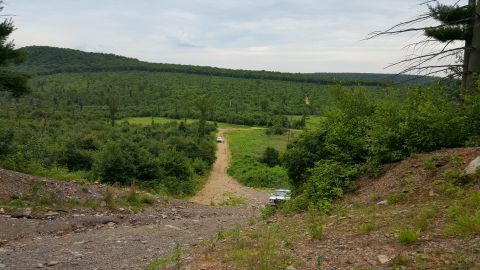 1979 Ford Bronco - Two white SUVs are visible on a dirt road winding through a wooded, hilly landscape under a cloudy sky.