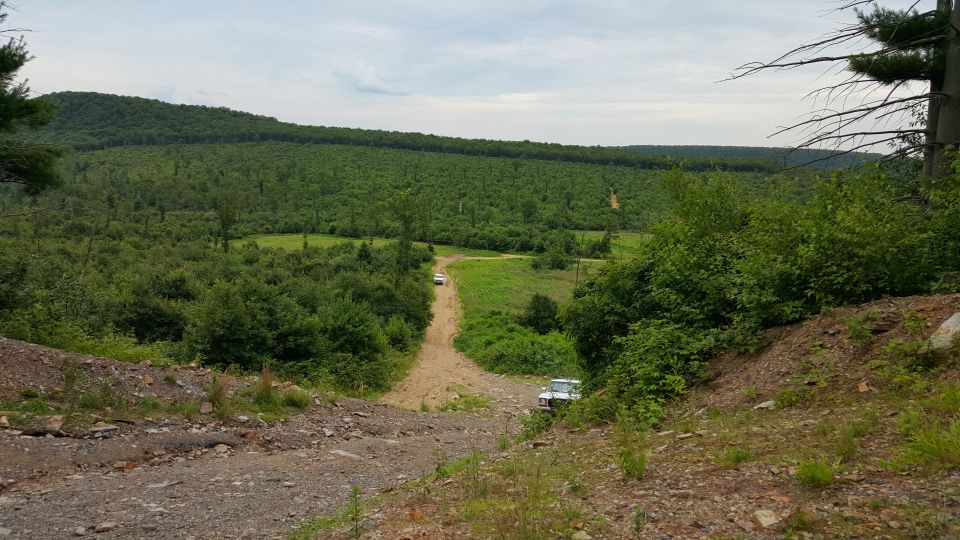 Two white SUVs on a dirt road in a wooded, hilly landscape.