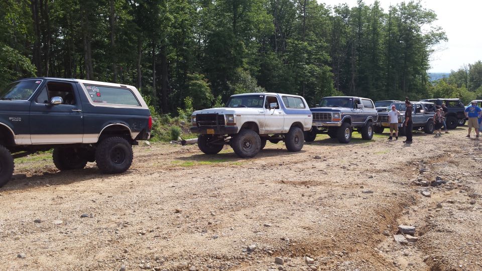 Several Ford Broncos parked in a line on a dirt road with a forest in the background.