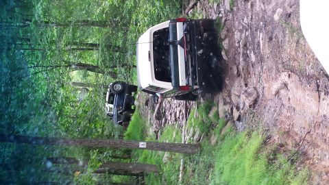 1979 Ford Bronco - Two off-road vehicles navigate a rocky trail through a dense forest. The lead vehicle is a white SUV, and the second vehicle is a dark blue…