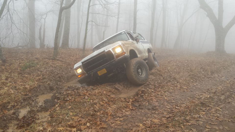 1979 Ford Bronco stuck in mud on a foggy forest trail.