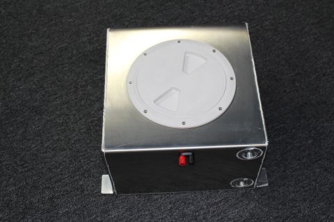 2003 Ford Crown Victoria - Aluminum fuel cell viewed from the side showing the white access cap on top and outlet fittings with a red terminal on the front.