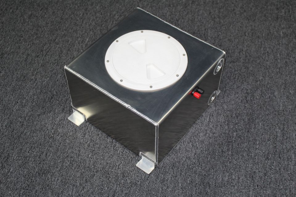 Brushed aluminum fuel cell tank with white twist cap and side outlet fittings