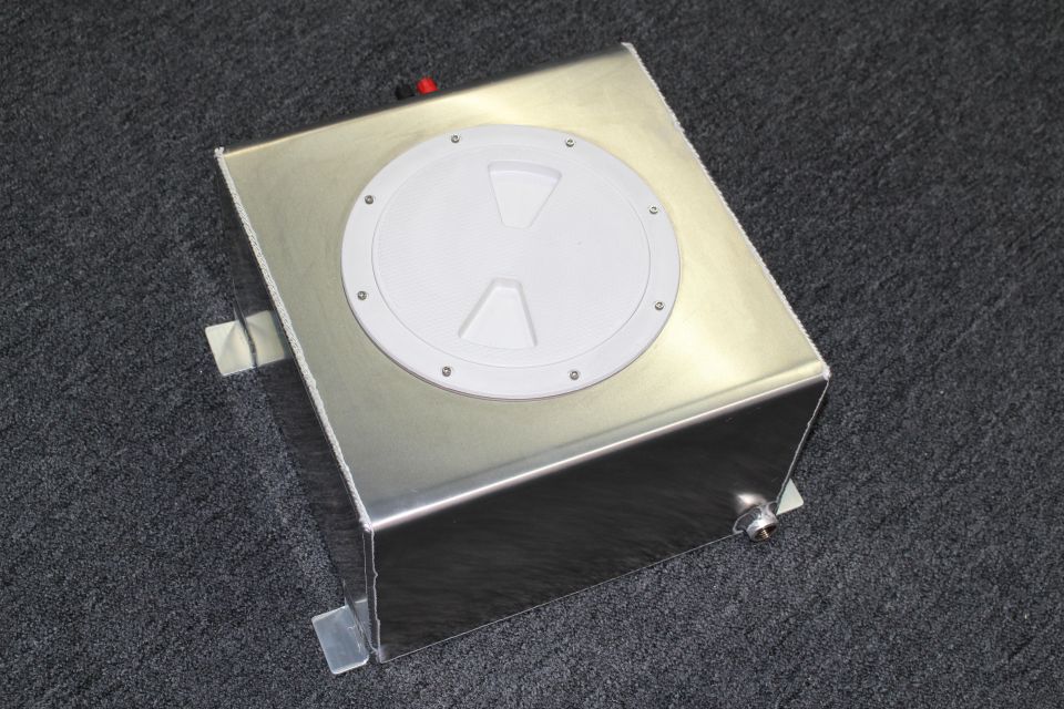 Brushed aluminum fuel cell tank with white twist cap and bottom drain fitting