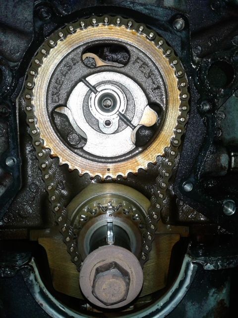 1996 Ford Bronco - Close-up of engine timing chain and gears, showing part number 'FE3-1' on the upper sprocket.